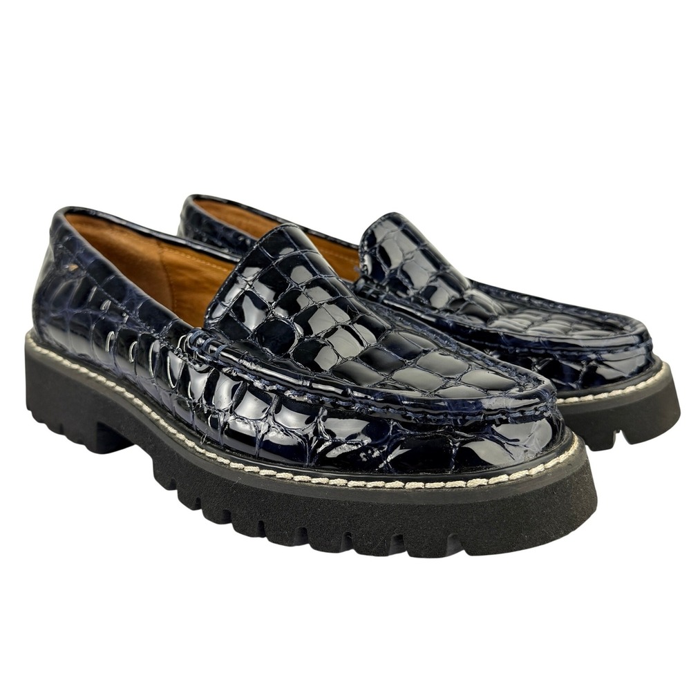 Donald Pliner Navy Blue Croc Embossed Patent Leather Lug Sole Loafers Womens 7M